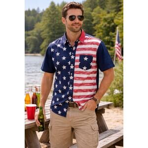 Red Head Patriotic Shirt Mens Medium USA Flag Button Down Stars Stripes 4th July